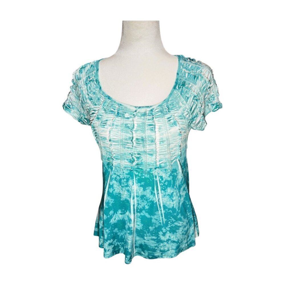 NEW DIRECTION Weekend Top Short Sleeve Tie Dye Teal White Babydoll Size Petite S